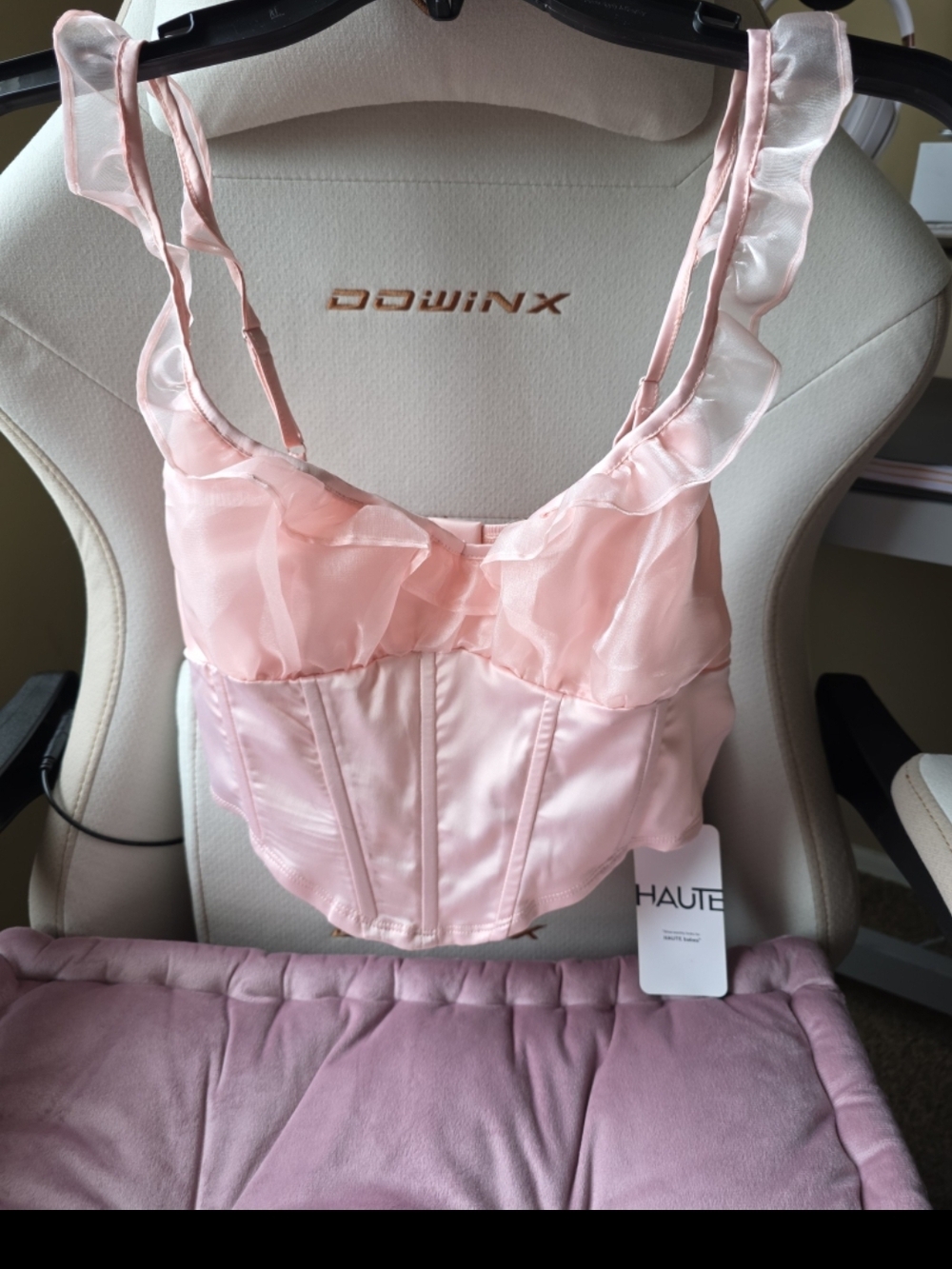 SHEIN Light Pink Satin & Sheer Ruffle Bustier